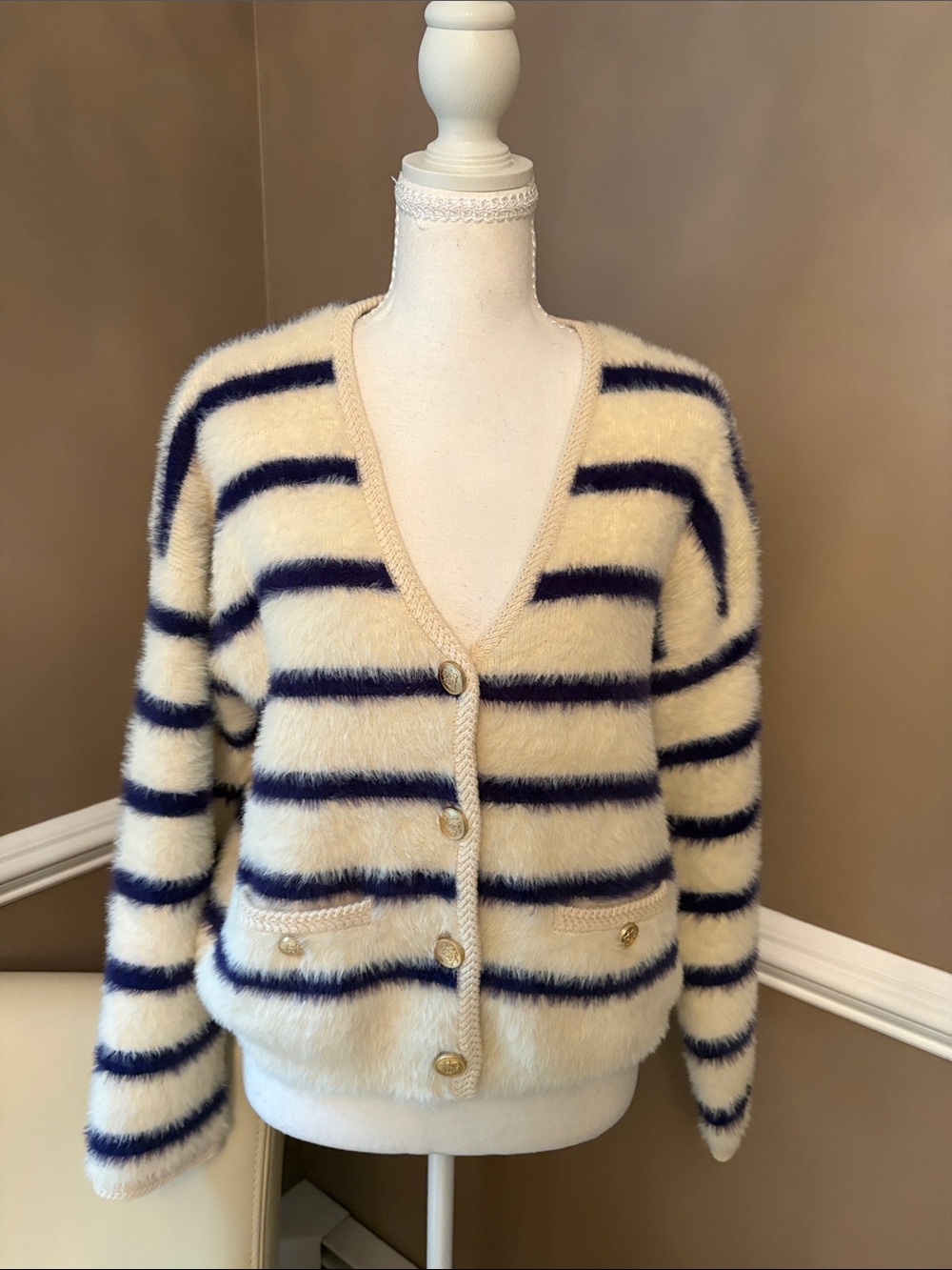Christian Lacroix Cream and Navy Striped V-Neck Cardigan